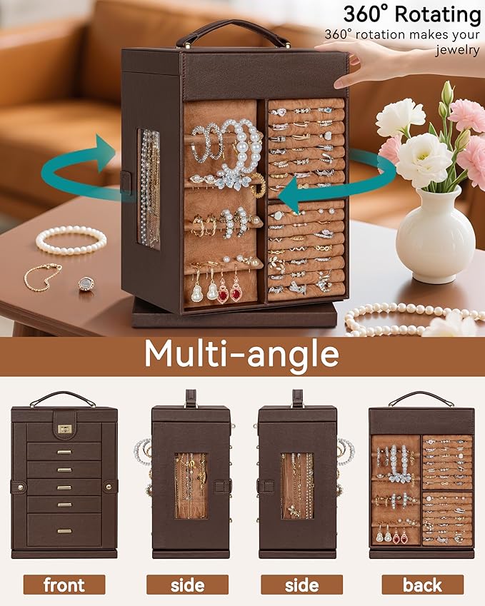 AKOZLIN 360° Rotating Jewelry Box 6-Tier Organizer Functional 360° Rotating Jewelry Storage Case for Women Girls Ring Necklac