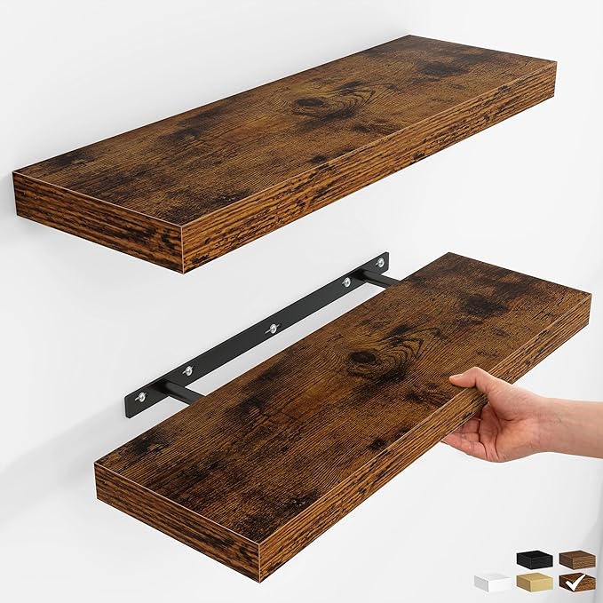Fun Memories Floating Shelves for Wall, Rustic Wood Wall Mounted Shelves for Bathroom, Bedroom, Living Room and Kitchen, Stor