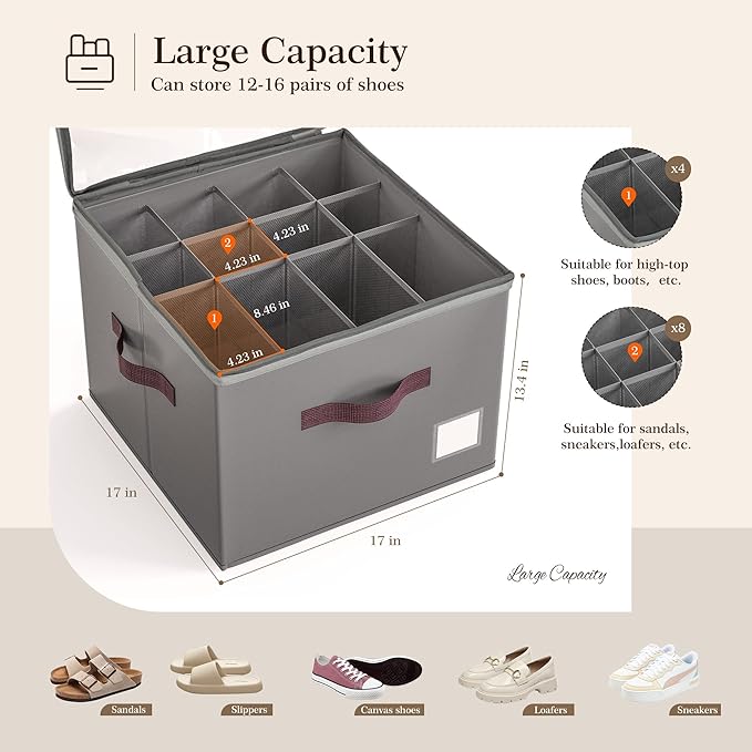 Criusia Shoe Organizer for Closet, 3 Pack Shoe Organizer with Transparent Cover and Sturdy Handles, Closet Shoe Storage for S