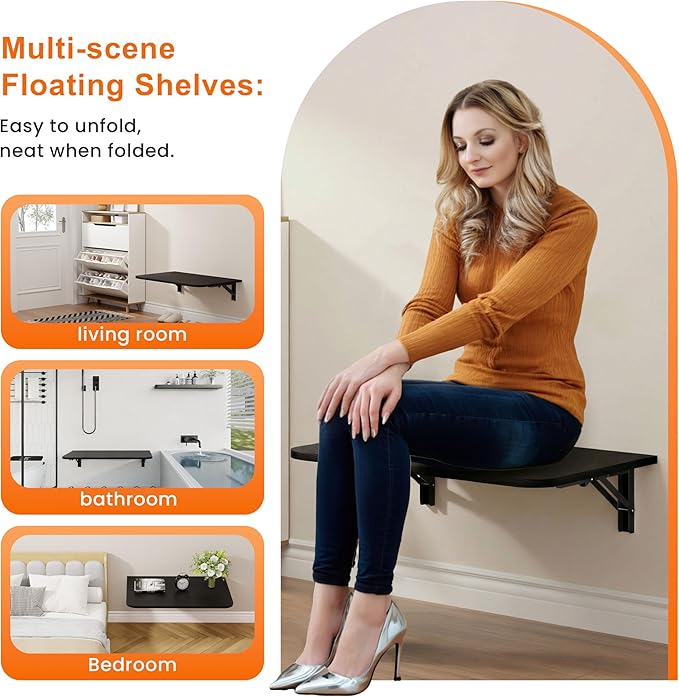 Foldable Floating Wall Shelves 20 inch, Bathroom Shelves Wall Mounted,12" Deep Wood Floating Kitchen shelves,Easy to Install 