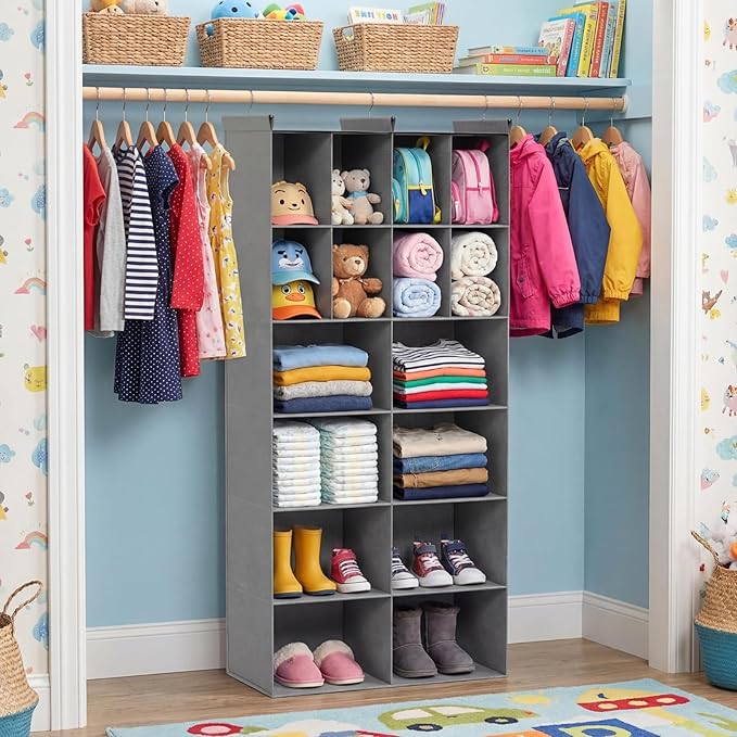 Ofiray-home 6 Tier Hanging Closet Organizer, 16 Compartments Sweater Organizer for Closet with 3 Sturdy Hooks, Closet Organiz