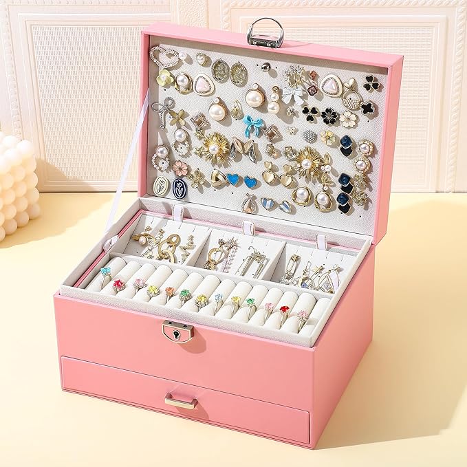 BOOVO Earring Jewelry Box For Women Girl Stud Organizer, 5 Layers Girl Jewelry Organizer Box With Lock Earring Holder Organiz