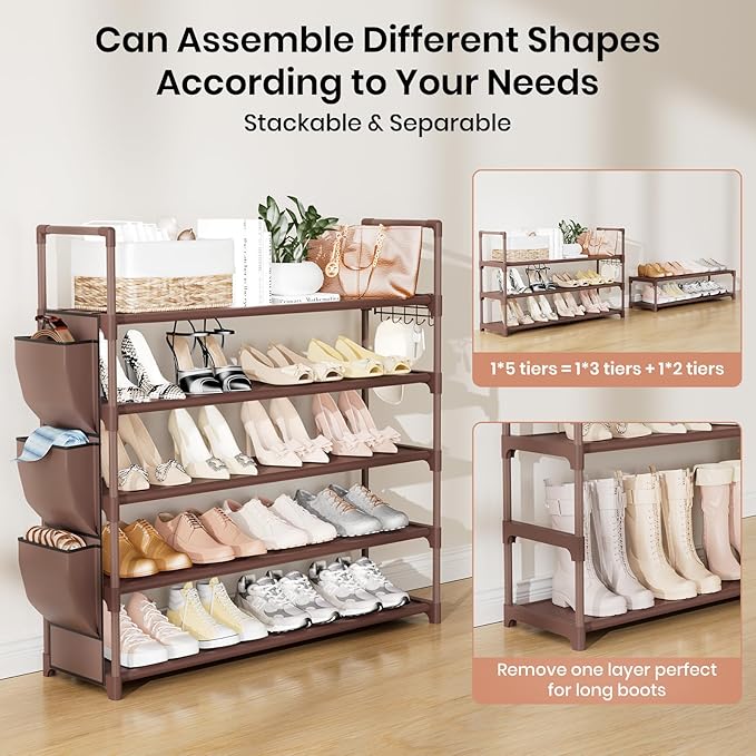 VILICK Shoe Rack for Closet Shoe Organizer Space Saver Storage for 20-25 Pair Shoe Shelf with Hook and Side Pocket Free Stand