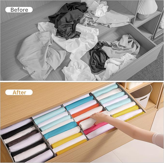 4 Packs T-shirt Drawer Organizers for Clothing,10 Grids Compartment Wardrobe Storage Box, Clothes Organizer for Folded Clothe