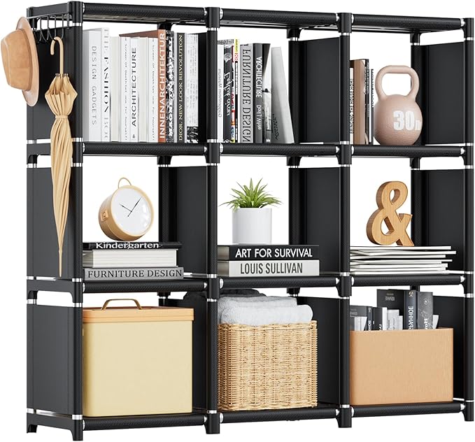 Mavivegue Book Shelf, 9 Cube Storage Organizer, DIY Bookcase, Metal Cube Bookshelf, Tall Book case for Bedroom, Living Room,O