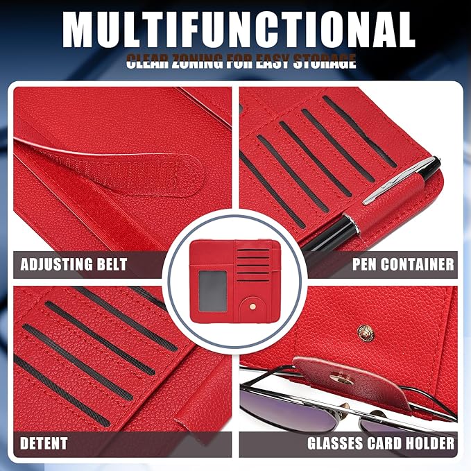 Visor Organizer, Red Sunglass Holder For Car, Sunvisor Organizers with Multiple Pockets and Picture Frame, Essential Car Interior Accessories for Women and Men