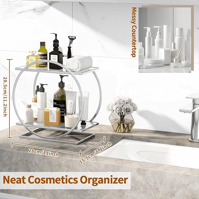Perfume Organizer for Bedroom Dresser- Sliver Makeup Organizers for Vanity, 2 Tier Bathroom Countertop Organizer Perfume Tray