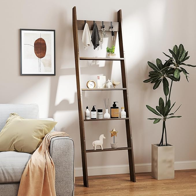 GOFLAME 5-Tier Blanket Ladder, 58.5” Bamboo Decorative Ladder Shelf with 4 Removable Hooks and 4 Deep Rungs, Wall Leaning Far