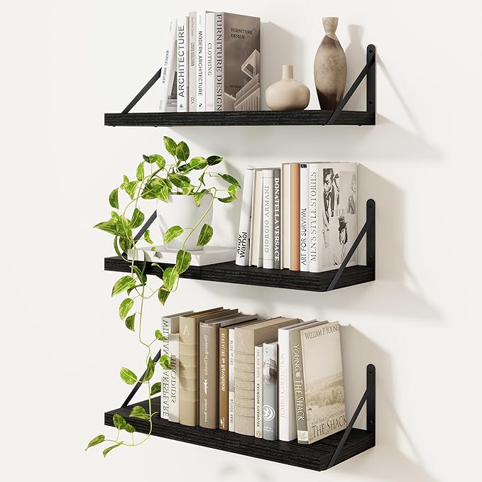 Floating Bookshelf with Brackets, Black Floating Shelves, 16 inch Wall Shelves Set of 3, Particle Board Wooden Shelf for Kitc