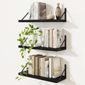 Floating Bookshelf with Brackets, Black Floating Shelves, 16 inch Wall Shelves Set of 3, Particle Board Wooden Shelf for Kitc