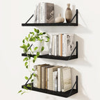 Floating Bookshelf with Brackets, Black Floating Shelves, 16 inch Wall Shelves Set of 3, Particle Board Wooden Shelf for Kitc