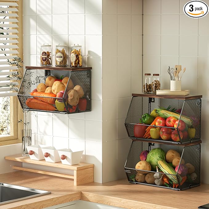 Litwaro Fruit Basket Wire Baskets with Wood Lid, Wall Mounted Produce Basket for Snack, Fruit and Vegetable Storage, Countert
