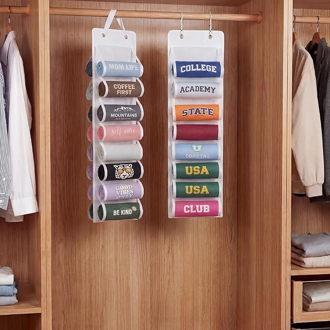 Over The Door Hoodie Organizer, Double Sided Holds 16 Hoodies, White Hanging Storage with 2 Hooks and Rope for Door Closet Ca