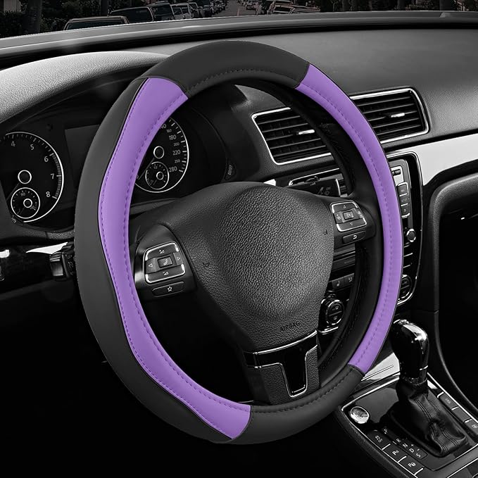 Road Comforts Leather Steering Wheel Cover with Decorative Trim and Piping, Anti-Slip Breathable Design, Fits 14.5–15 Inch Ro
