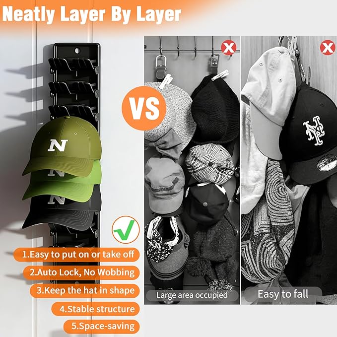 Hat Organizer for Baseball Caps 2 Pack, Wall Mounted Hat Rack Holds Up to 20 Hats, Cap Holder Display for Door & Closet, Hat 