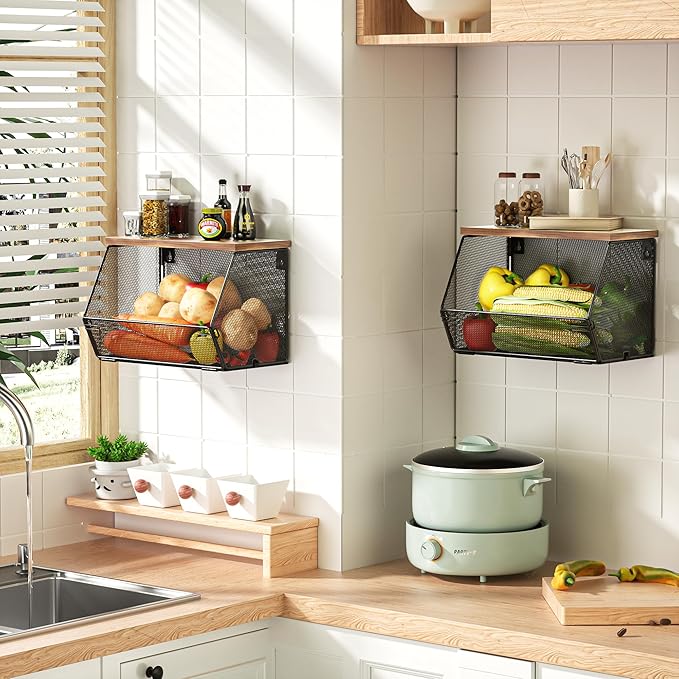 Stackable Fruit Basket for Kitchen Countertop Space Saving, Wall Mounted Mesh Metal Wire Baskets with Wood Lid Extra Storage,