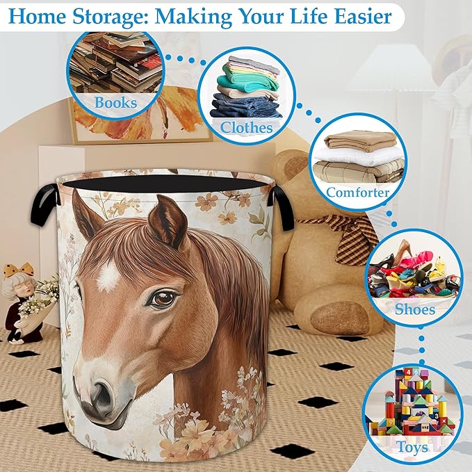 Horse Flowers Laundry Basket Collapsible Laundry Hamper Oxford Storage Bin for Clothes Storage, Toy Organizer, Books and Sund