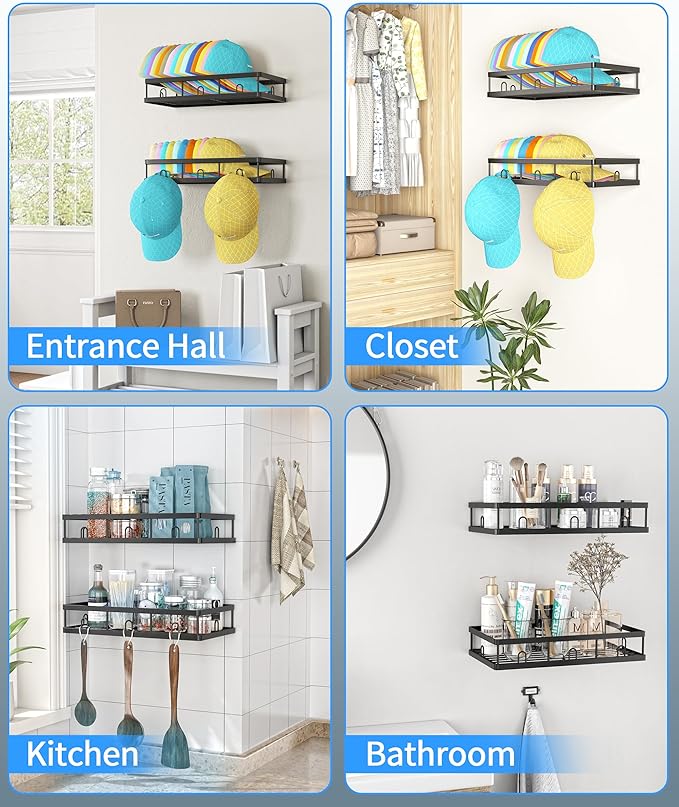 Metal Hat Organizer for Baseball Caps-2 Packs Fit 40 Hat Rack-Sturdy Wall Mounted Hat Storage- Hat Holder with 5 Hooks-Hat Ra