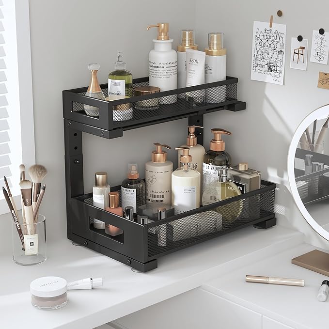 1 Pack-11.4"-16.14"H Under Sink Storage Organizer, Large 2-Tier Elegant Mesh Pull Out Shelf for Kitchen and Bathroom Cabinet 