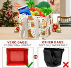 VENO 3 Pack Christmas Reusable Grocery Bags, Shopping Bags for Groceries, Tote with Handles and Hard Bottom, Foldable Shopping Cart Organizer, Water Resistant, Heavy-Duty (Holiday Pups, 6 Gallon)