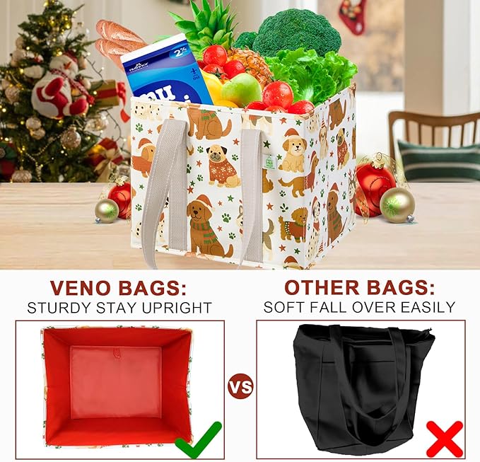 VENO 3 Pack Christmas Reusable Grocery Bags, Shopping Bags for Groceries, Tote with Handles and Hard Bottom, Foldable Shopping Cart Organizer, Water Resistant, Heavy-Duty (Holiday Pups, 6 Gallon)