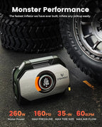 ETENWOLF Vortex S7 Tire Inflator for Heavy-Duty Vehicle, Portable Air Compressor for Car Tires with 160PSI & 38400 mAh Battery, Cordless Air Pump with 100% Duty Cycle & Dual Cylinder (Olive Green)