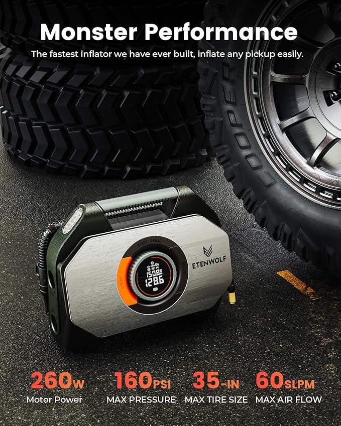 ETENWOLF Vortex S7 Tire Inflator for Heavy-Duty Vehicle, Portable Air Compressor for Car Tires with 160PSI & 38400 mAh Battery, Cordless Air Pump with 100% Duty Cycle & Dual Cylinder (Olive Green)