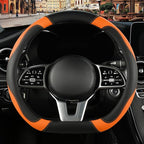 Microfiber Leather D Shaped Steering Wheel Cover, Breathable, Anti Slip, Universal 15 inch, Black with Orange