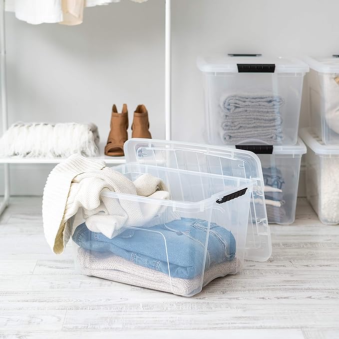 IRIS USA 40 Qt Stackable Plastic Storage Bins with Lids, 4 Pack - BPA-Free, Made in USA - See-Through Organizing Solution, La