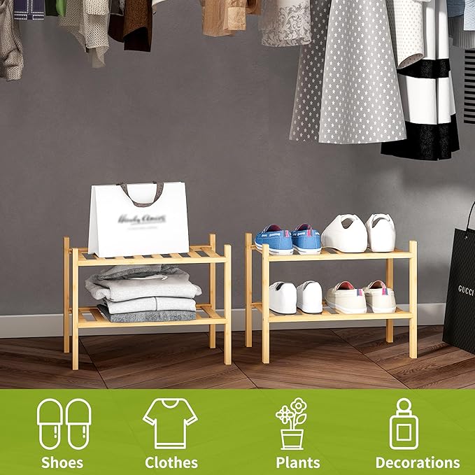 BMOSU 2-Tier Bamboo Small Shoe Rack Premium Stackable Shoe Shelf Storage Organizer for Hallway Closet Living Room Entryway Or
