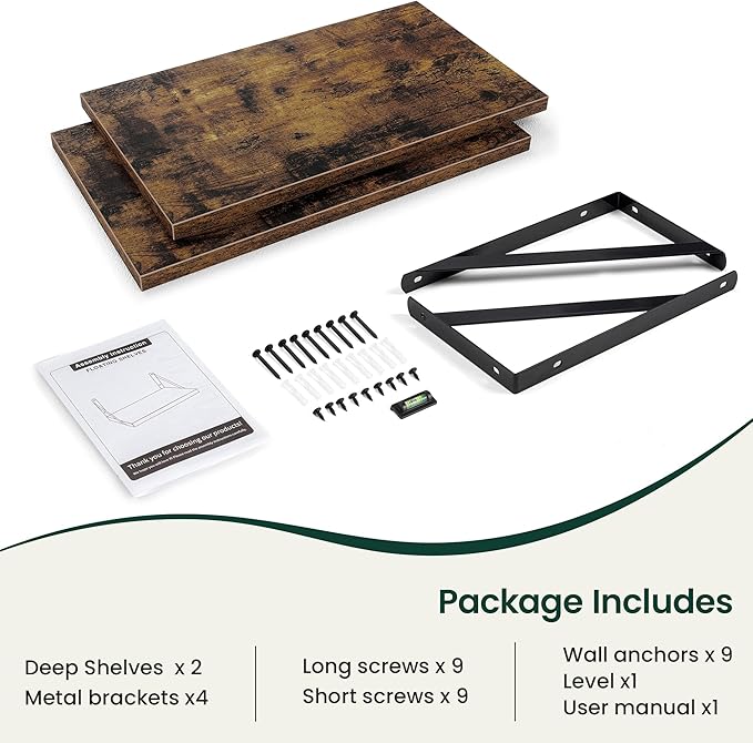 Floating Shelves, 12 Inch Deep Rustic Wood Wall Storage, 24W x 12D Wall Shelves Set of 2, Heavy Duty Metal Brackets, Large In