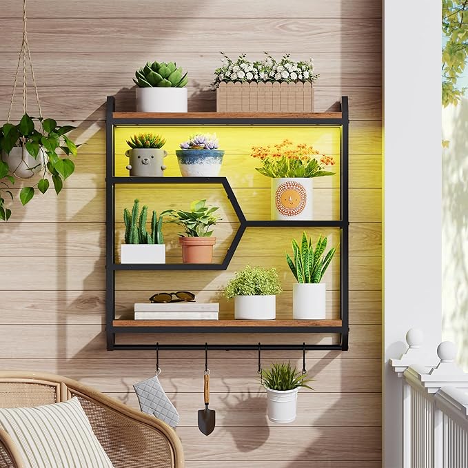 HOOBRO 27.5" Floating Shelf with LED Lights, Gaming LED Wall Mounted Shelf with Hanging Rod & 4 S-Hooks, 4-Tier Hanging Displ