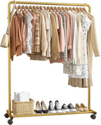 Sakugi Clothes Rack - Clothing Rack with Storage Mesh Shelf & Casters, Heavy-Duty Metal Clothing Rack for Hanging Clothes, Dr