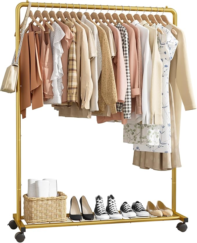 Sakugi Clothes Rack - Clothing Rack with Storage Mesh Shelf & Casters, Heavy-Duty Metal Clothing Rack for Hanging Clothes, Dr