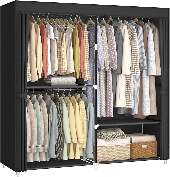 MOGELAFOO 62.5" Closet Wardrobe, Portable Closet for Bedroom, Freestanding Clothes Rack with Non-Woven Fabric Cover, 3 Hangin