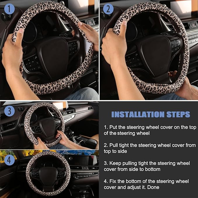 Leopard Print Steering Wheel Cover with Silicone Inner Ring, Non-Toxic, Odorless Silicone Leather with Non-Fading Cheetah Pat