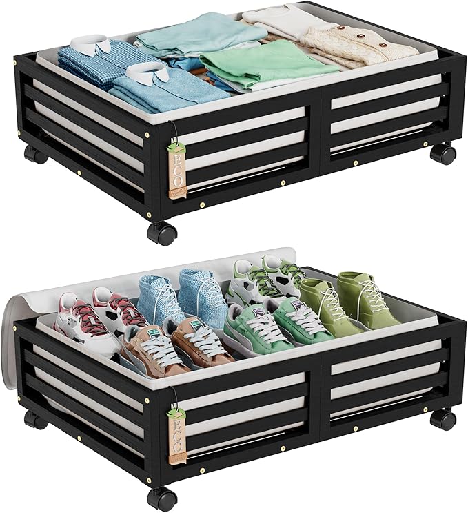 Wisuce Bamboo Under Bed Storage Containers- Underbed Organizer with Wheels with Large Dust Bag,Sturdy Wood Rolling Under the 