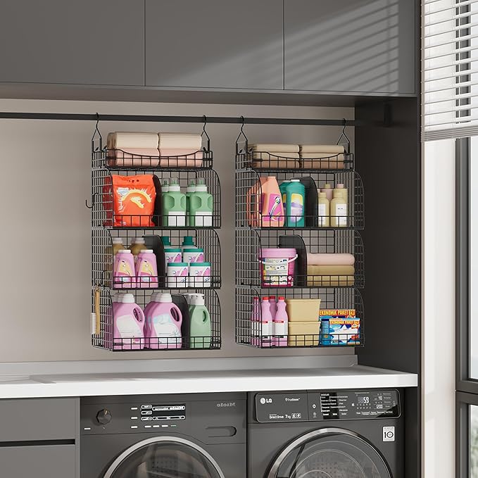 SWTYMIKI Hanging Closet Organizer Storage - 4 Tier Metal Stackable Hanging Closet Shelves with Dividers and S Hooks, Foldable