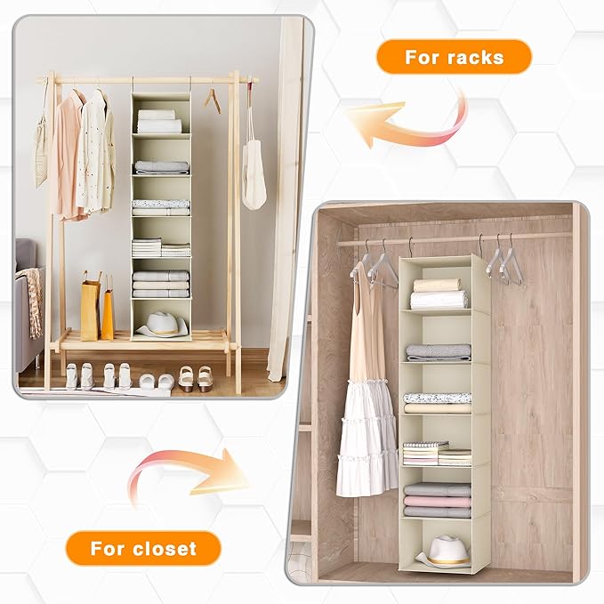 Hanging Closet Organizer, Easy Mount Foldable 6-Shelf Hanging Closet Wardrobe Storage Shelves, Clothes Handbag Shoes Accessor