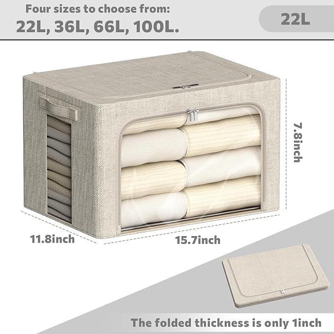 FHSQX 6 Pack Clothes Storage Bins with Metal Frame Foldable Storage Bins for Clothes Linen Fabric Storage Box with Clear Wind