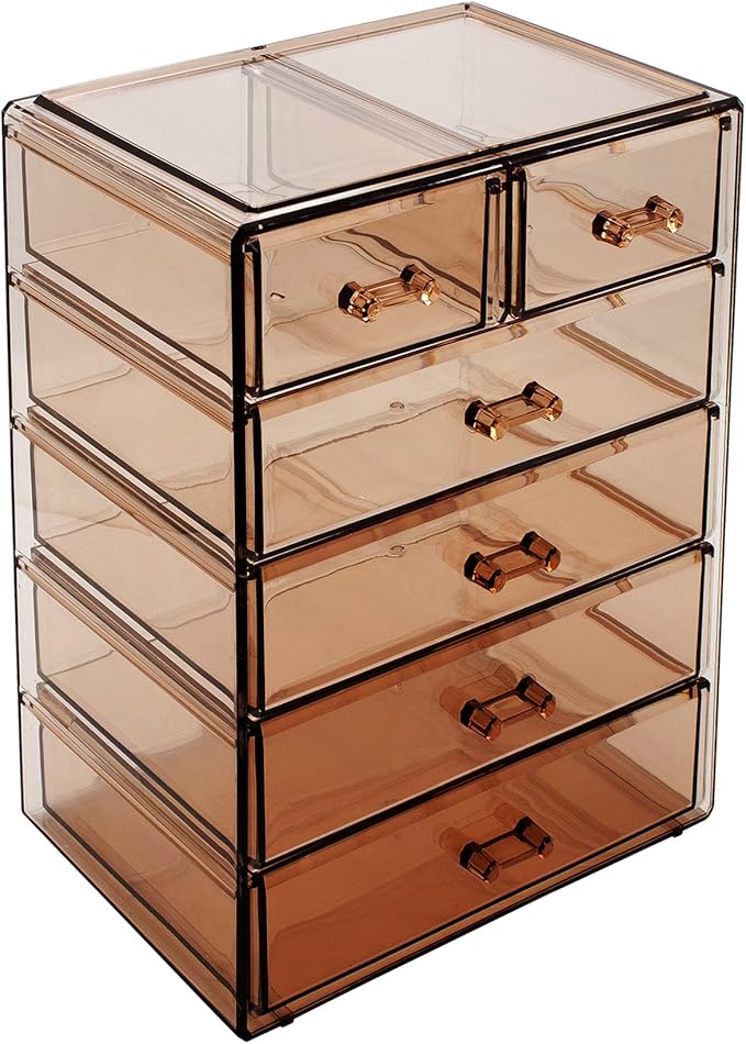 Sorbus Acrylic Makeup Organizer Set, 6-Drawer Vanity & Countertop Cosmetic Storage with Small & Wide Drawers, Bronze Glow Mak