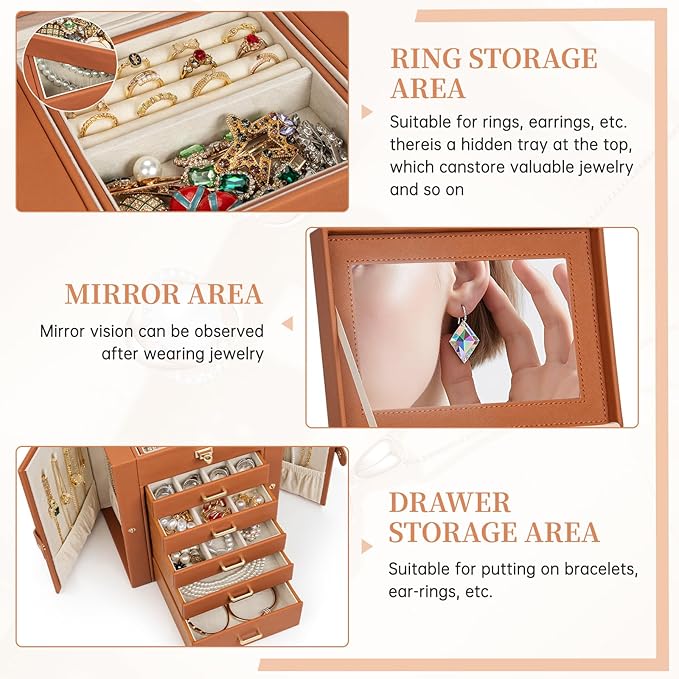 AKOZLIN Jewelry Box Organizer Functional Leather Jewelry Storage Case for Women Girls Ring Necklace Earring Bracelet Holder O