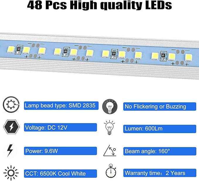 Car 12V Interior LED Light Bar 48 LEDs Strip Lights with Switch and Magnets 6500K White Light for Car Van RV Cabinet Showcase Indoor Room Home 4 PCS Extendable