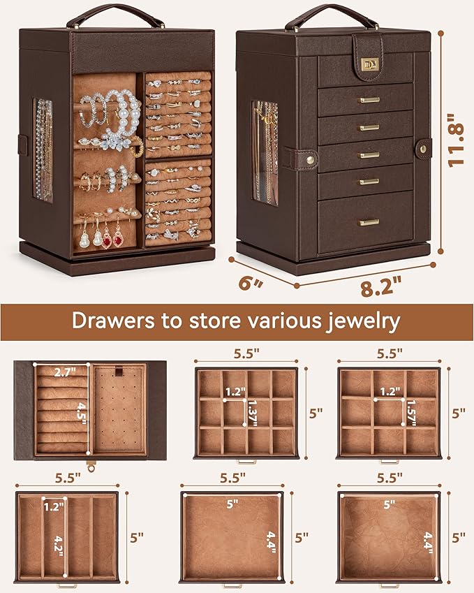 AKOZLIN 360° Rotating Jewelry Box 6-Tier Organizer Functional 360° Rotating Jewelry Storage Case for Women Girls Ring Necklac