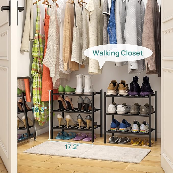 viewcare Small Shoe Rack for Entryway,3-Tier Black Bamboo Shoe Organizer for Hallway Closet, Free Standing Shoe Racks for Ind
