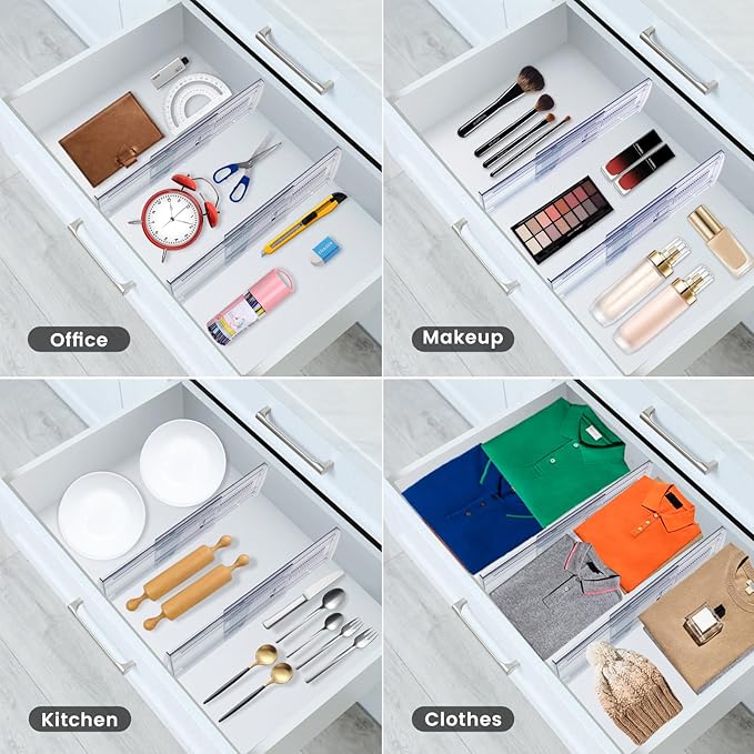 6 Pack Adjustable Drawer Dividers for Clothes,5" High Expandable From 13-21" Clear Drawer Organizers, PC Plastic Separators f