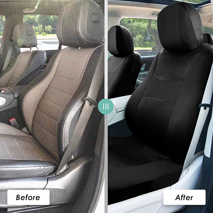 FH Group Car Seat Covers Front Set Black Cloth -Seat Covers for Low Back Car Seats with Removable Headrest,Universal Fit,Auto