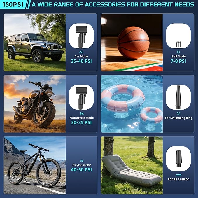 Tire Inflator Portable Air Compressor,Tire Air Pump with Digital Pressure Gauge,LED Lights&Auto Shut-Off Function,Cordless Pump with 12V DC Car Plug,Air Compressor for Car,Motorcycle,Bicycle,Ball