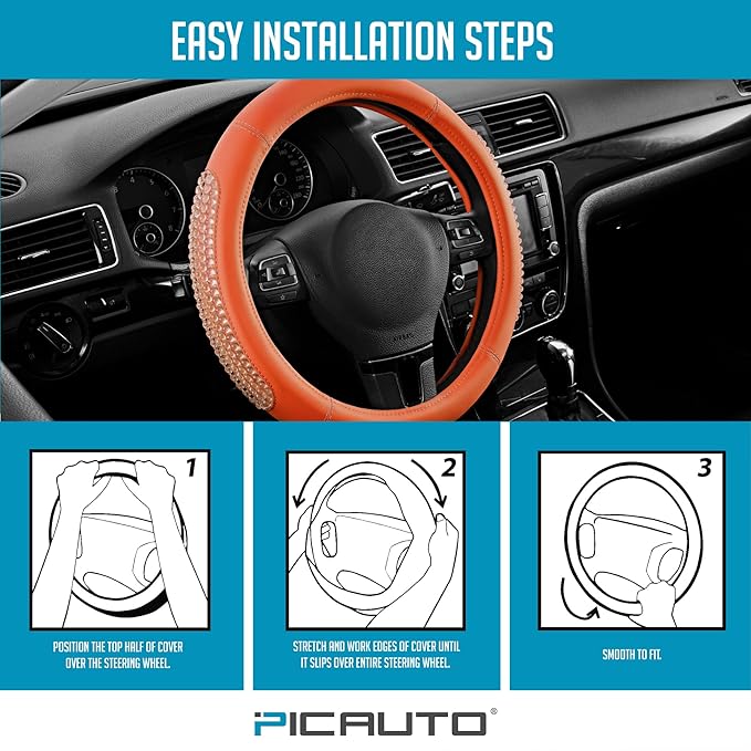 PIC AUTO Steering Wheel Cover, Glitter Gel Particles & Orange Luxury Leather Car Steering Cover, Universal Fit 14.5"-15.5" An