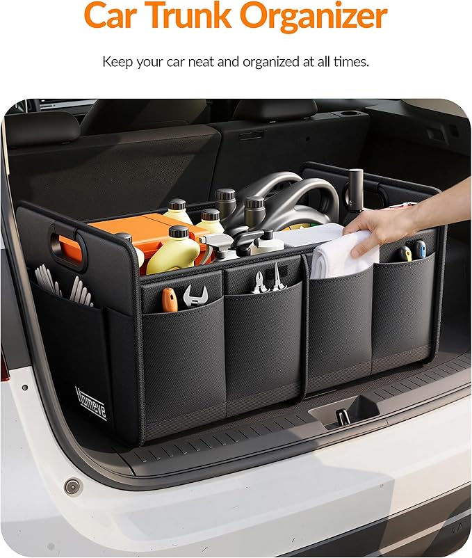 Homeve Trunk Organizer, Car Storage, Reinforced Handles, Collapsible Multi-Compartment, Foldable, Waterproof, Sturdy, 600D Oxford Polyester For Car, SUV, Mini-Van, Black, 2 Compart